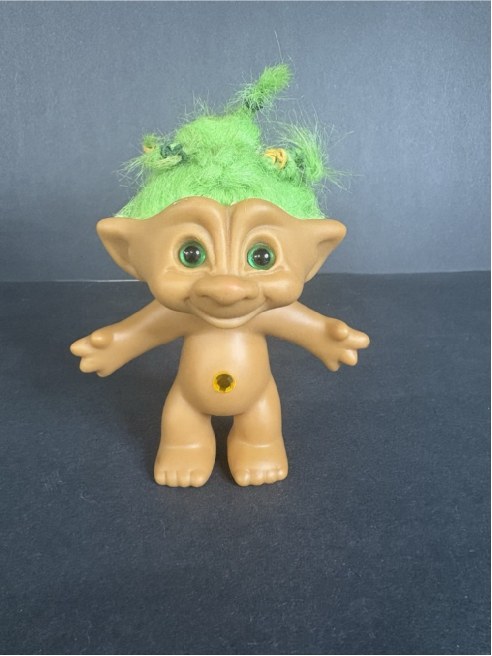 Vintage Ace Novelty Treasure Troll Doll Heart Gem Yellow Hair Green Eyes 5"